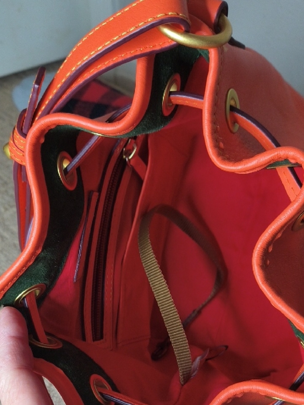 Dooney & Bourke Orange Florentine Leather Tassel Drawstring Bucket Bag - Picture 4 of 11